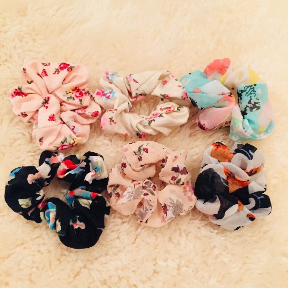 6 Pack Hair Accessory Floral Scrunchies